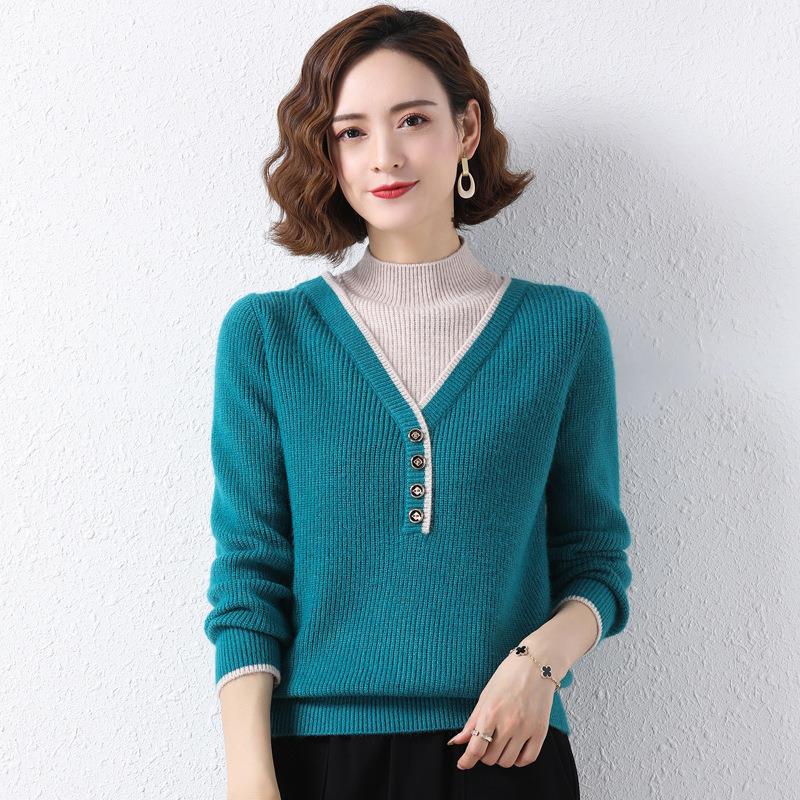 Suéter de cuello medio para mujer, holgado, versátil, estilo occidental, imitación de dos piezas, camiseta de punto básica, otoño e invierno