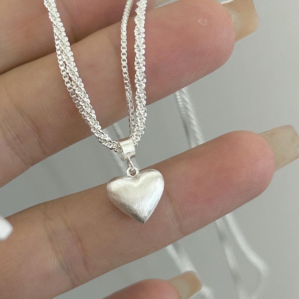 Frosted Bright Silver Brushed Love Necklace Double-Layer Chain Solid Three-Dimensional Peach Heart Collarbone Chain