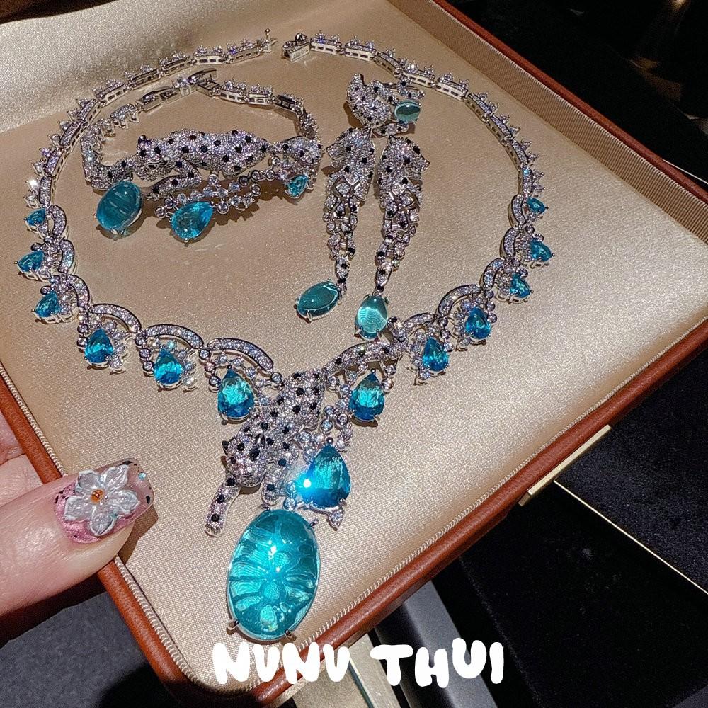 Vintage Court Cheetah Topa Blue Water Drop Gemstone Necklace Haute Couture Jewelry Leopard Blue Water Drop Zircon Bracelet Set