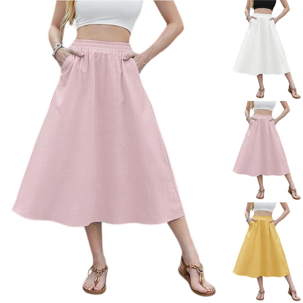Damen High Waist A-Linien Midi-Rock mit elastischem Bund und Seitentaschen, lässiger lockerer Schnitt, fließender Rock für den Alltag