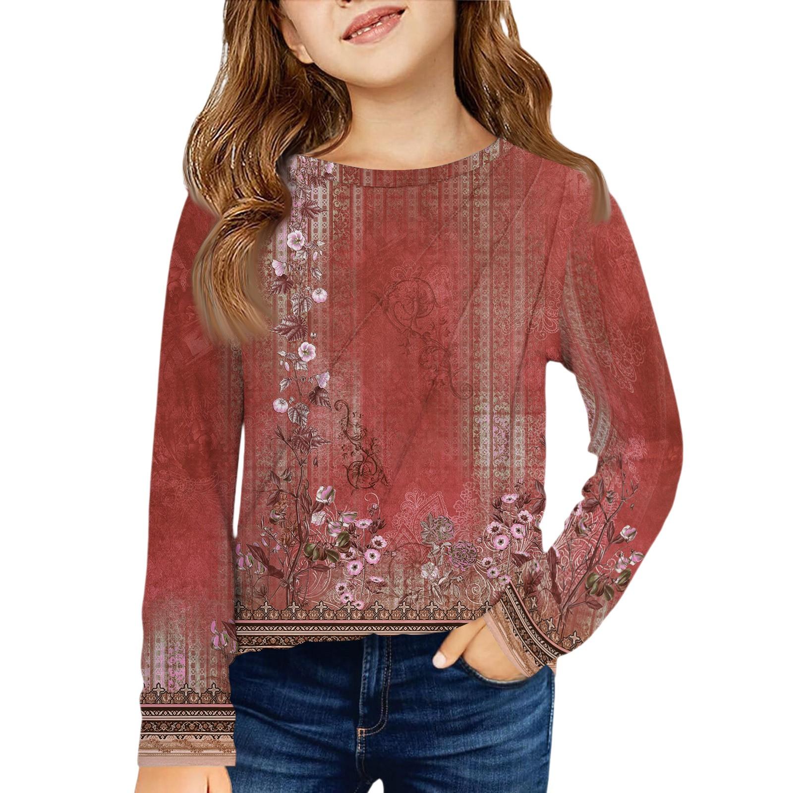 

Girls Long Sleeve Tee - Pleated Round Neck Casual Top 110 винний