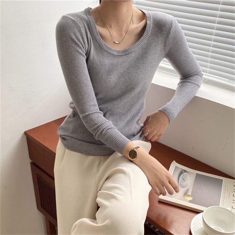 Autumn and winter new simple and versatile knitted bottoming shirt women's soft waxy temperament slim-fitting round neck pullover sweater inner