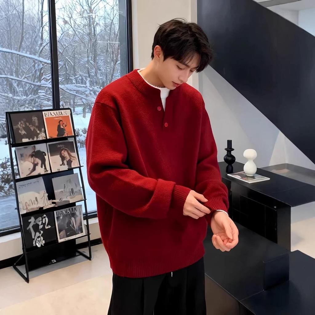 Men's Red Round Neck Sweater: New Year Two-Piece Look, Spring/Autumn Knit, Unisex Base Layer