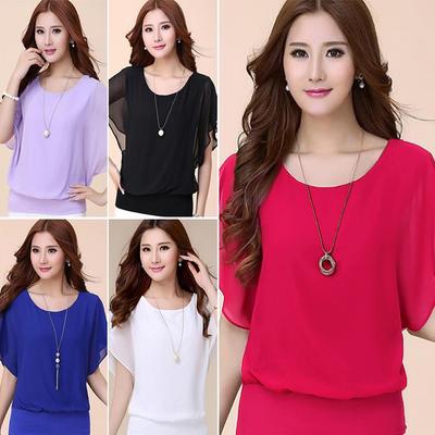 Frauen Sommer Lose Mode Chiffon Bluse O-Ausschnitt Einfarbig Tops