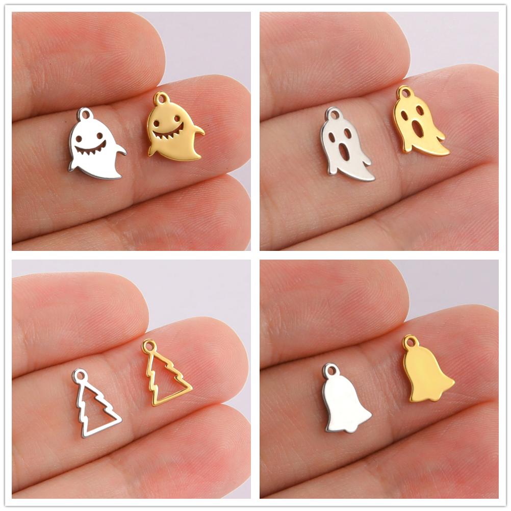Teamer 5pcs/lot Stainless Steel Charms for Jewelry Making DIY Halloween Pendant for Bracelet Ghost Bell Trees Charm 2026 new