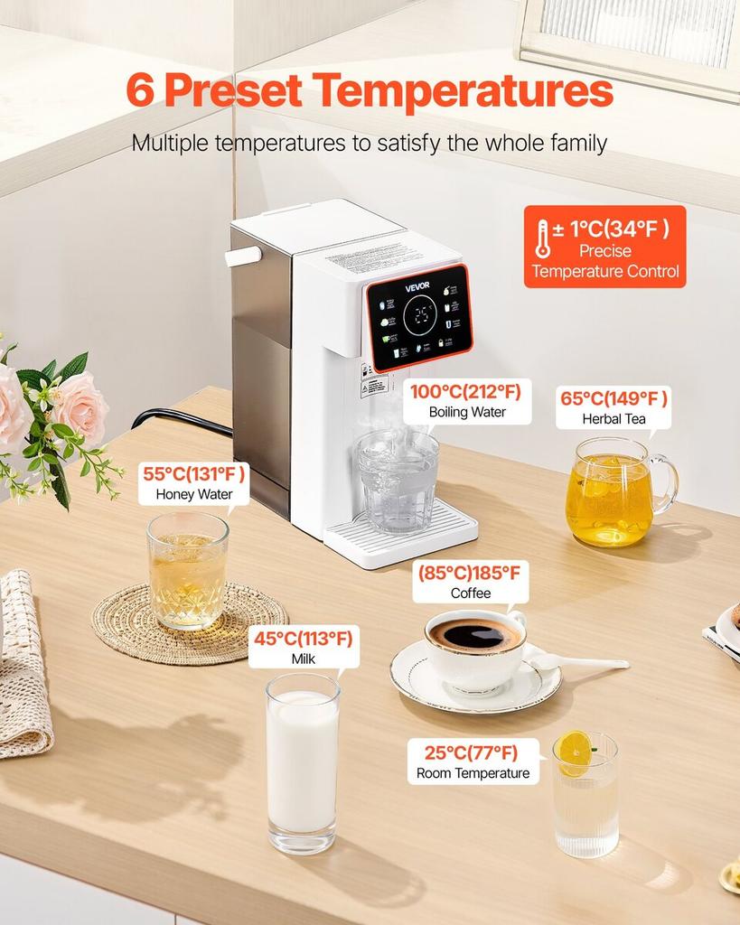 Instant Hot Water Dispenser, Countertop Boiling Water Dispenser with Adjustable 6 Temps & 8 Water Volumes, 101oz(3L) Removable Water Tank, Quick