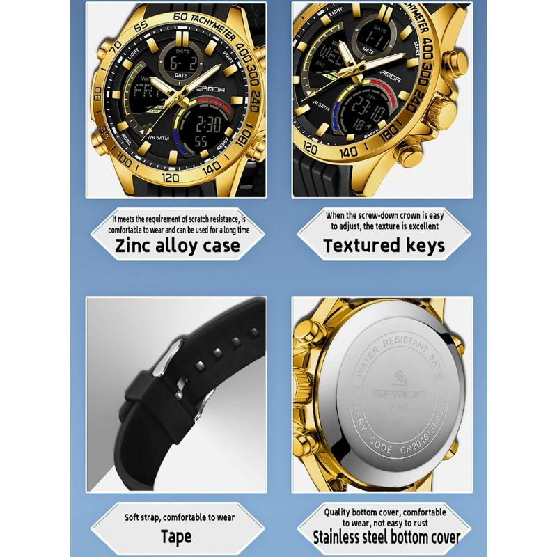 SANDA Luxury Men Electronic Quartz Watch Chronograph Double Display Waterproof Man Digital Wristwatch Military Sport Male Clock