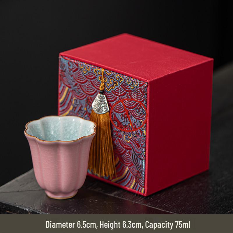 Elegant Pink Ru Kiln Teacup - High-End Ceramic Tea Tasting Cup for Women, Perfect Personal Gift.