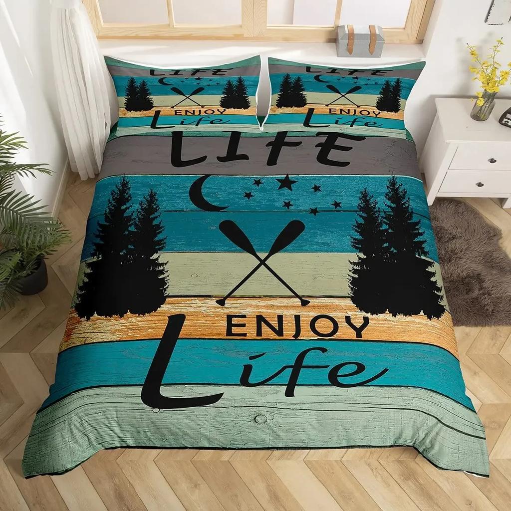 Fishing Hunting Duvet Cover Set Queen Lake House Comforter Cover Fishing Pole Paddle Bedding Set For Boys Girls Farmhouse Decor