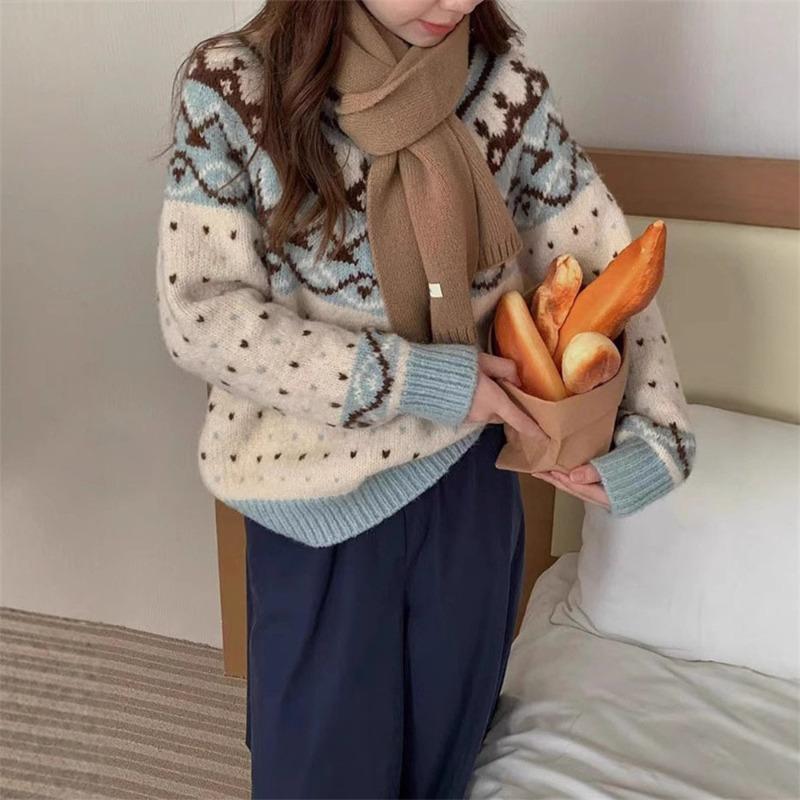 Vintage contrasting colors Jacquard Fair Island pullover sweater autumn and winter new soft waxy loose lazy crew neck knitted sweater top