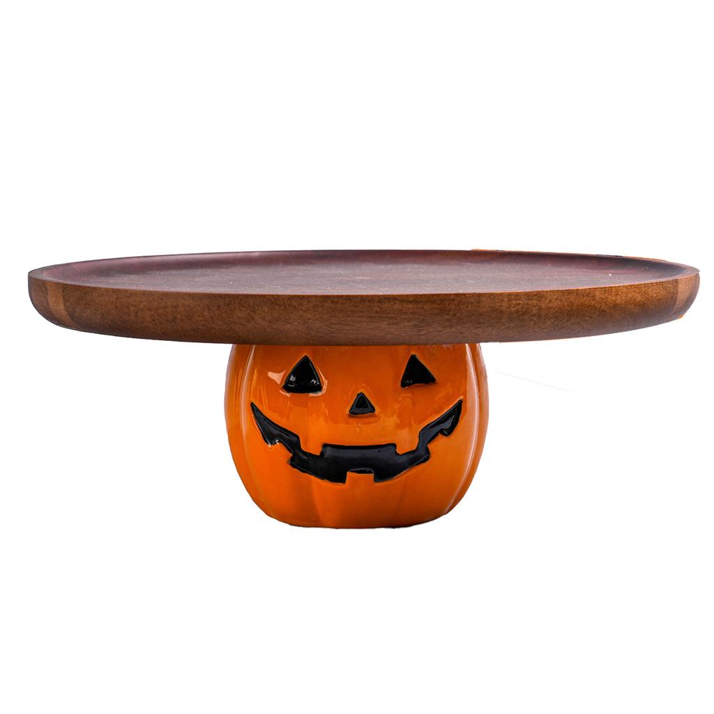 Halloween Pumpkin Wooden Serving Tray – Wooden Dessert and Bread Display Stand for Holiday Party Décor