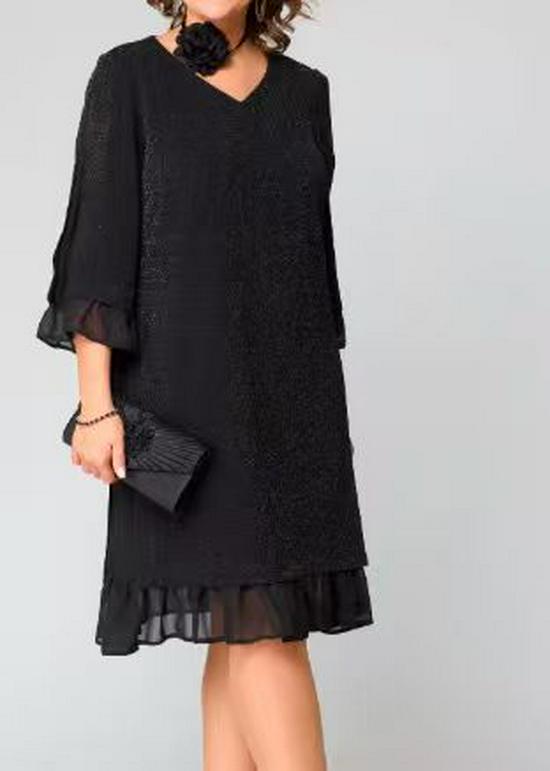 

Европейское и американское шифоновое платье с V-образным вырезом и пэчворком для женщин 2025 года M чёрный