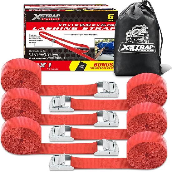 XSTRAP STANDARD Padded Cam Lock Buckle 6PK 8FT Powersports Tie-Downs Black Lashing Straps, Come With A Drawstring Bag, For Securing Cargo, Luggage,
