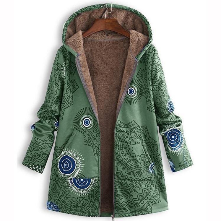 Printed Hooded Long Sleeve Coat Oversized Vintage Women Autumn Winter Warm Plush Jacket Casual