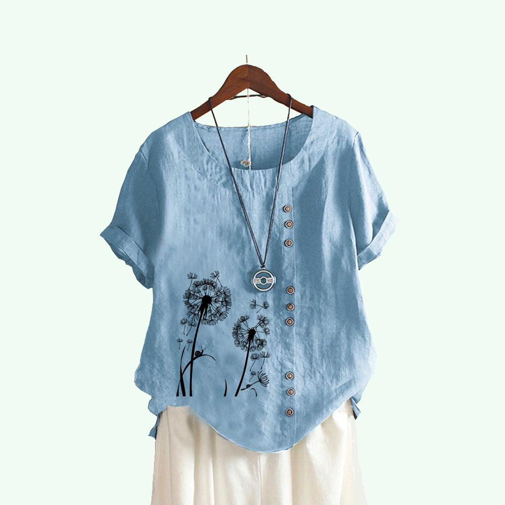 

Женская модная футболка с коротким рукавом с цветочным принтом, летняя повседневная хлопково-льняная футболка с круглым воротником, пуловер, свободные блузки 5XL