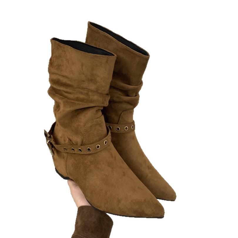 2025 autumn European and American pointed tall tube thin belt buckle knee knight boots western spice girl knight boots