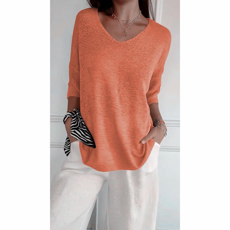 Women's European & American V-Neck Knit Sweaters, Slim Fit, Solid Color, 3/4 Sleeves, Casual Style