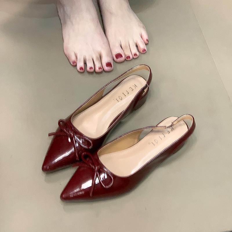 Fashion Versatile Womens Sandals with Anti Slip Slim Heel Close Toes Elastic Band Bow Summer Outdoor PU Fashion Sandals