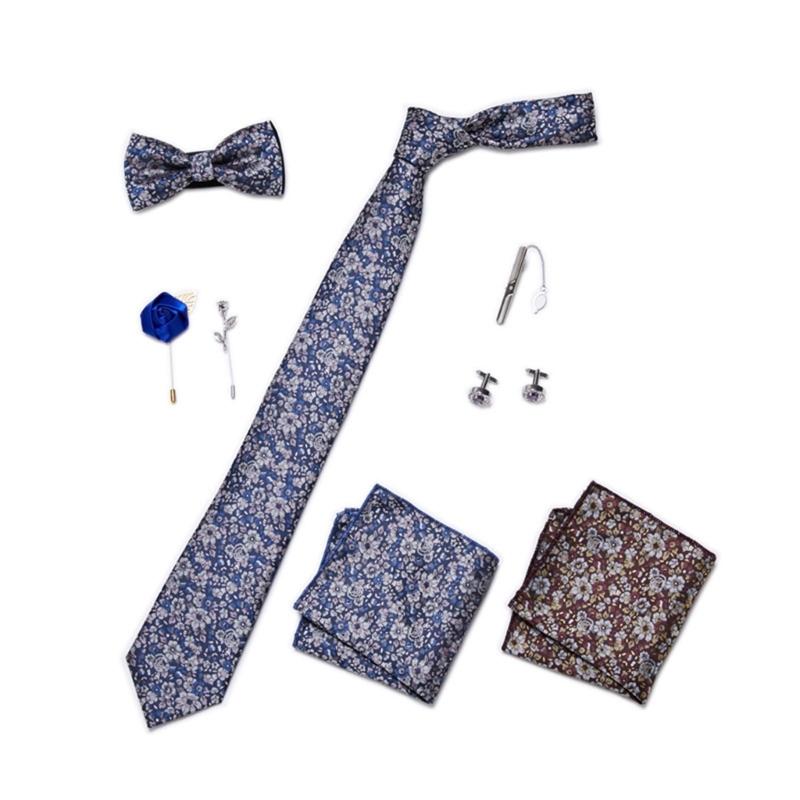 Pack of 9 Men's Floral Tie Set with Pocket Square Tie Clip Brooch Accessories for Formal Occasion Holiday Gift Supply