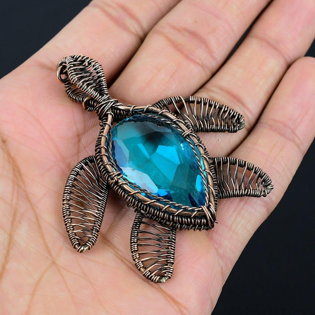 Dazzling Blue Topaz Gemstone Handmade Copper Wire Wrap Jewelry Amazing Turtle Shape Pendant