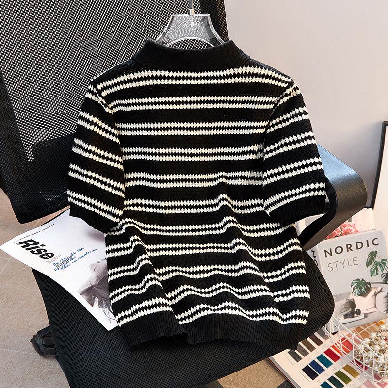 Women's Lapel Contrast Stripe Short Sleeve Knit Top