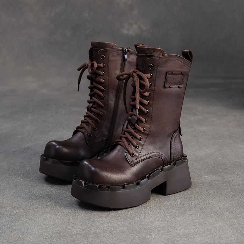 Johnature Genuine Leather Retro Thick Soled Mid-calf Boots Versatile Round Toe Women's Platform Boots
