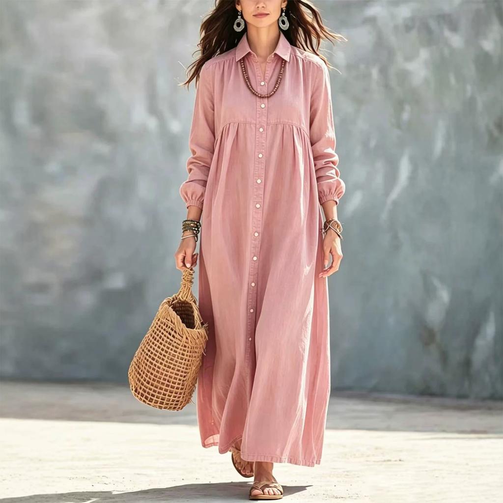 Women's Color Long Shirt Dress with Turn-Down Collar and Single-Breasted Button Front for Casual Wear