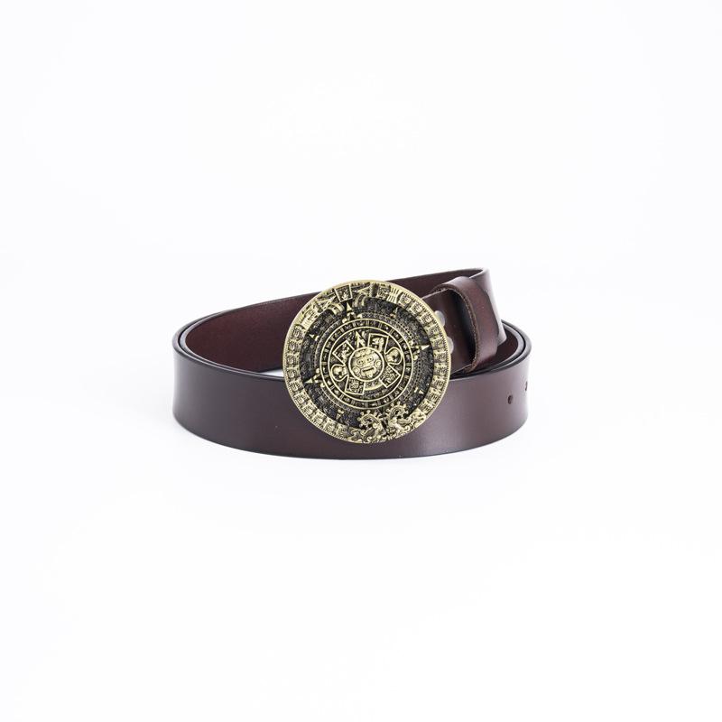 Glossy Whole Cowhide Belt, Zinc Alloy Ancient Tin Aztec Calendar Belt, Retro Large Size Pure Leather Belt.