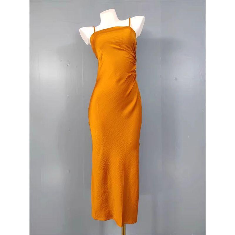 Foreign Trade Order Ho Home Sling Smooth Satin Wrap-around Square Collar Pleat Split Temperament Elegant Summer New Dress