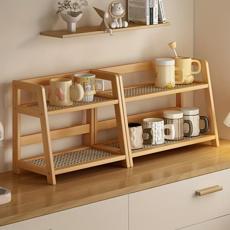 Organizzatore di Tazze a Doppio Strato, Scaffale Portaoggetti Stile Rattan, Portaoggetti da Tavolo per Cucina, Vassoio Multifunzionale per Organizzazione Casa Ufficio Campeggio