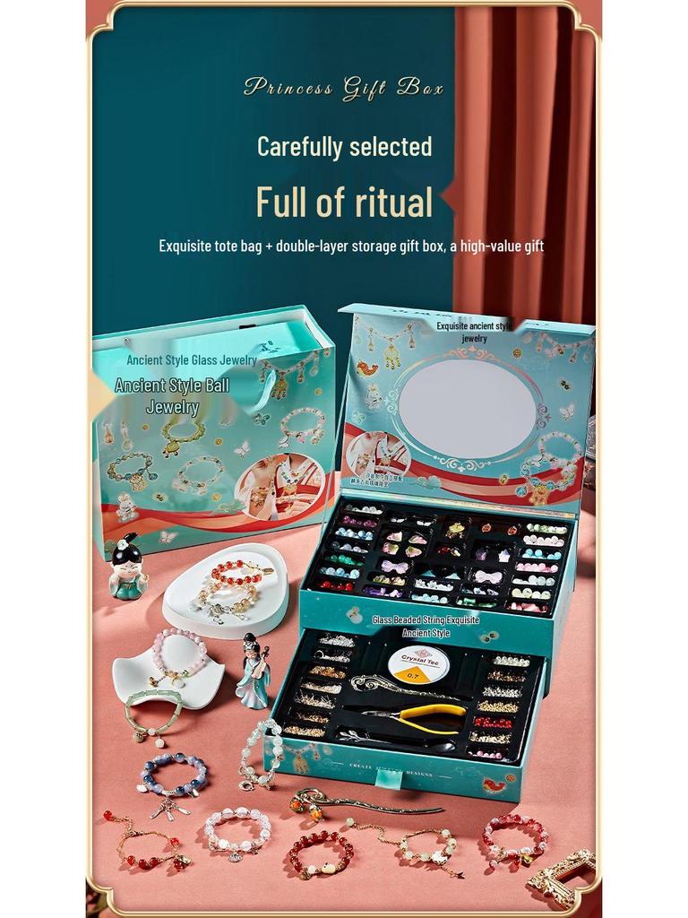 Conjunto de Presente Pulseira de Contas Feita à Mão e Caixa de Joias para Aniversário de Menina