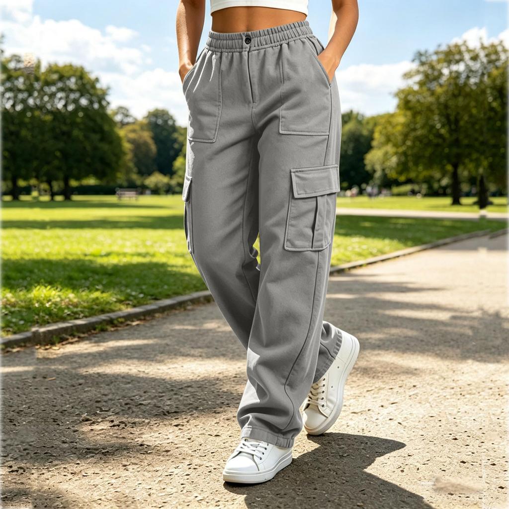 Women's Fashion Solid Color Drawstring High Waist Wide Leg Pants Casual Sporty Trousers with Pockets Elastic Waistband