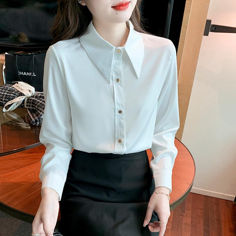 

Spring-Autumn 2026 Women s Satin Chiffon Shirt - Long Sleeve, High-Grade, Glossy, OL Commute, Casual Simple Style S чёрный