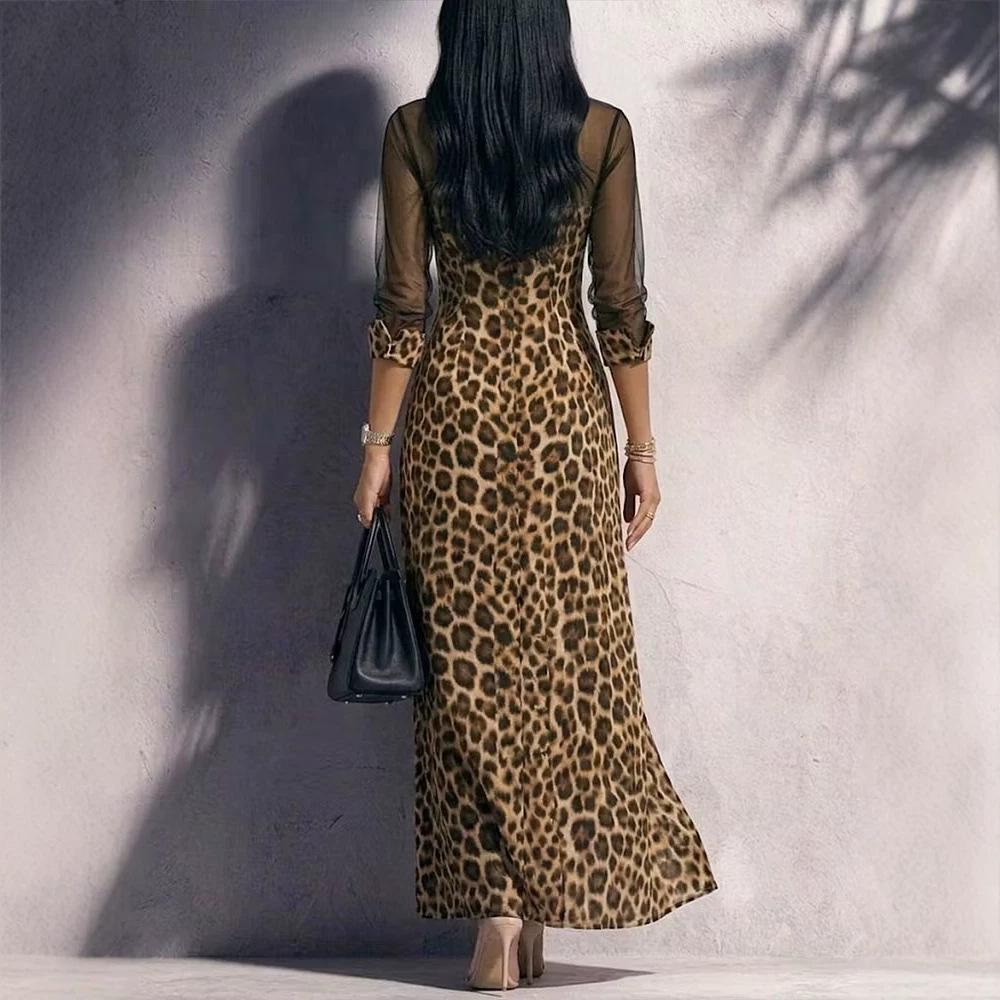 Unabhängige Station Europäischer und Amerikanischer Stil Leopardenmuster Spleiß Mesh Garn Mode Lässig Schlitz Damenkleid