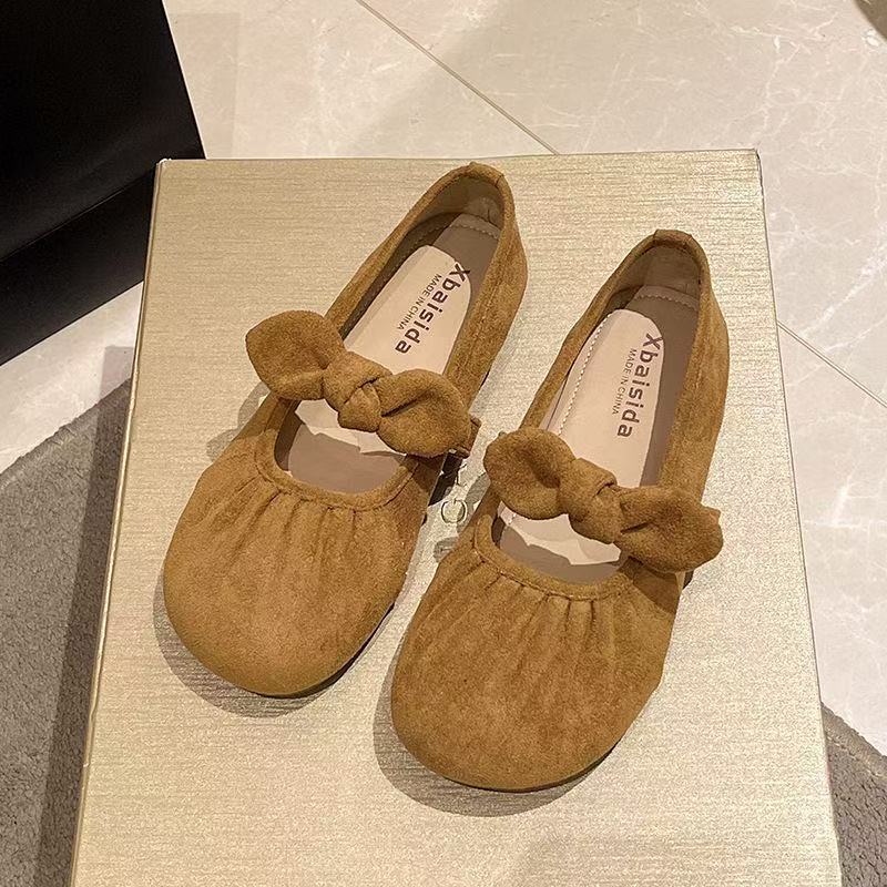 Folded Suede Bow Word with Shallow Mouth Single Shoes Spring New Gentle Fairy Style Casual Soft Sole Women's Shoes