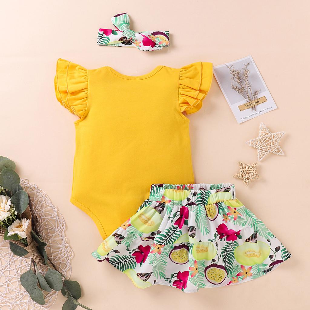 Newborn Infant Baby Girls Fly Sleeve Romper Floral Skirt Hairband Outfits Sets