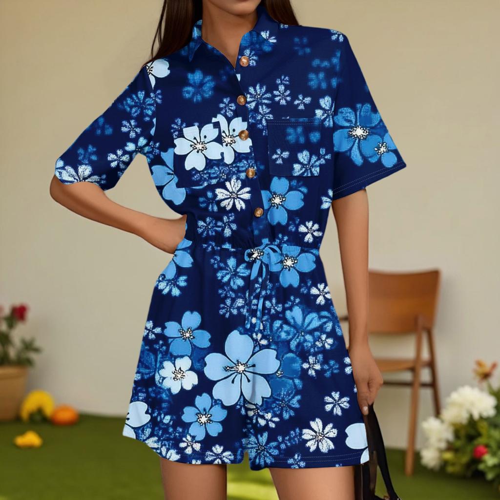 Damenmode V-Ausschnitt Jumpsuit Karomuster Lässig Kurzarm Top Jumpsuit