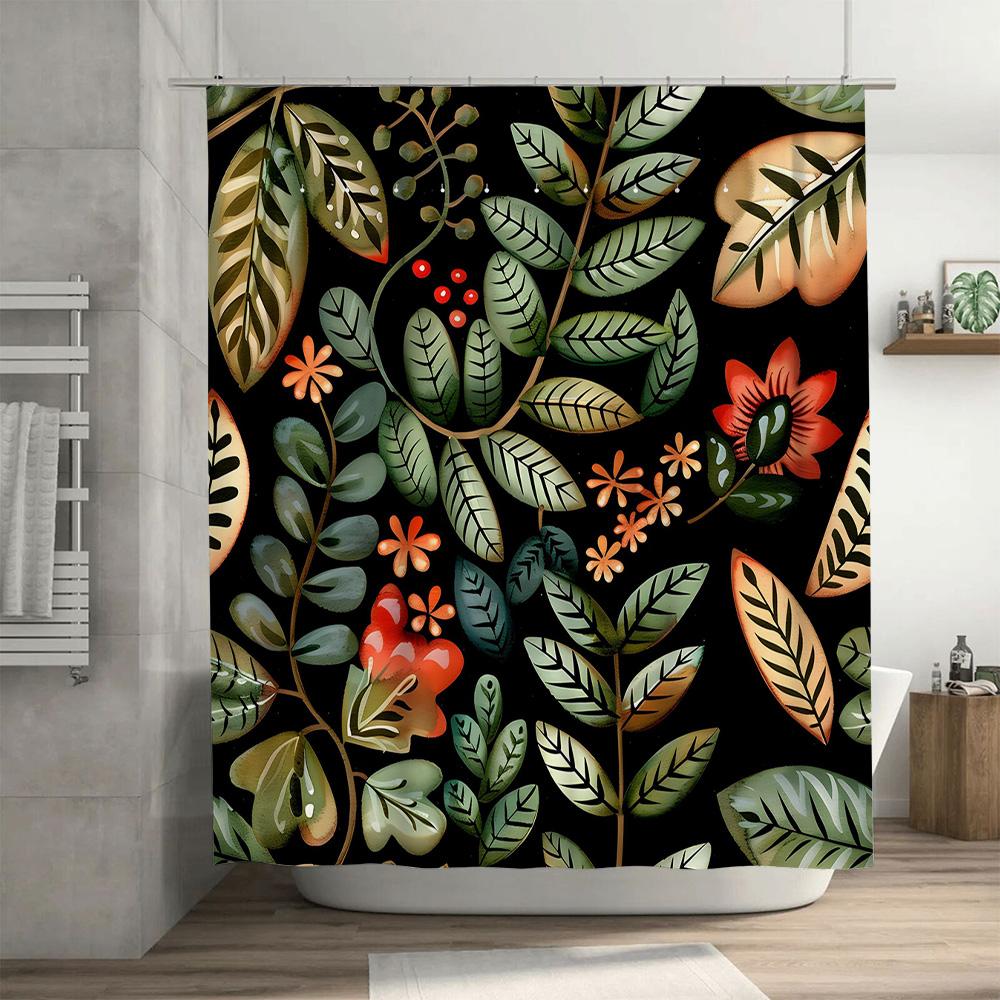 Artistic Floral Shower Curtain With Green Leaves Black Background Bathroom Decor For Home Decoration Customizable Size Options A