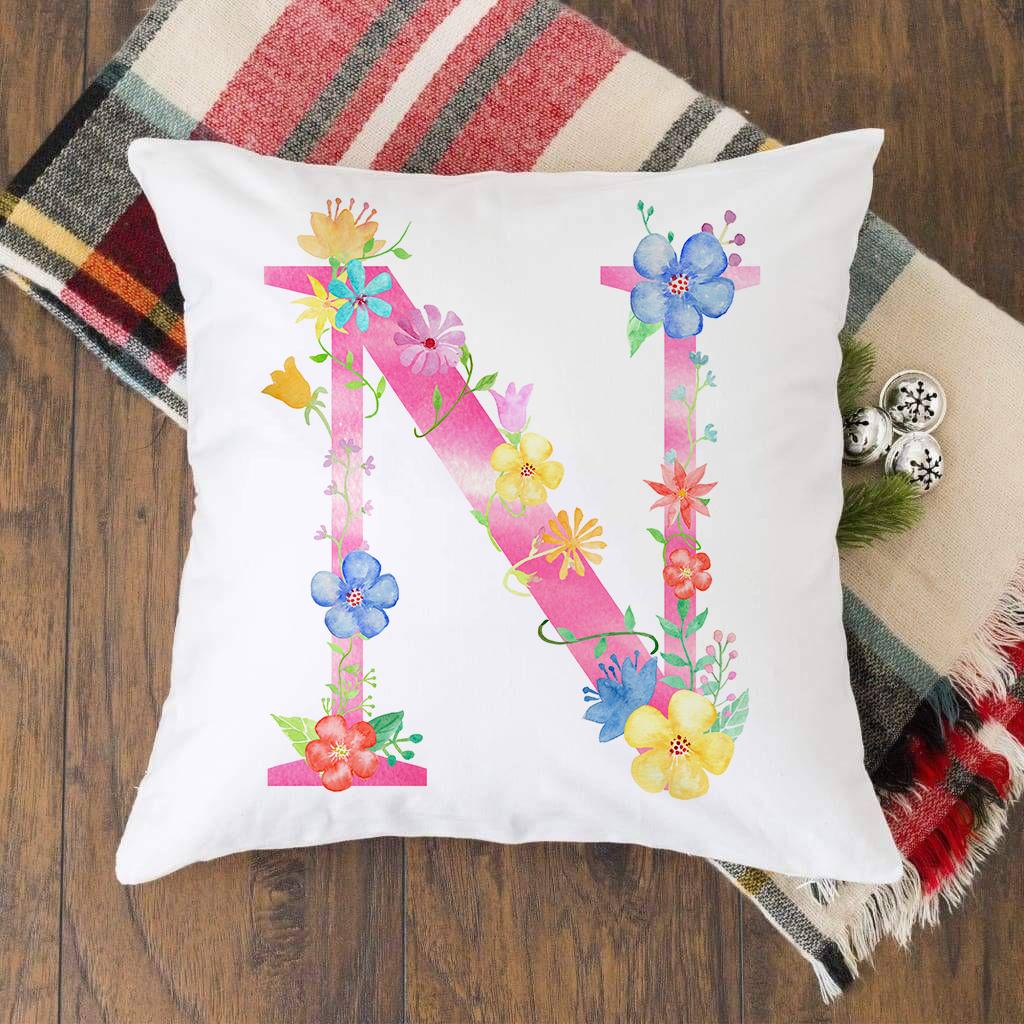 Pink Alphabet Flower Printed Cushion Cover Pillowcase English Letter A-Z Home Decorative Sofa Bed Backrest Pillow Cover 45*45cm