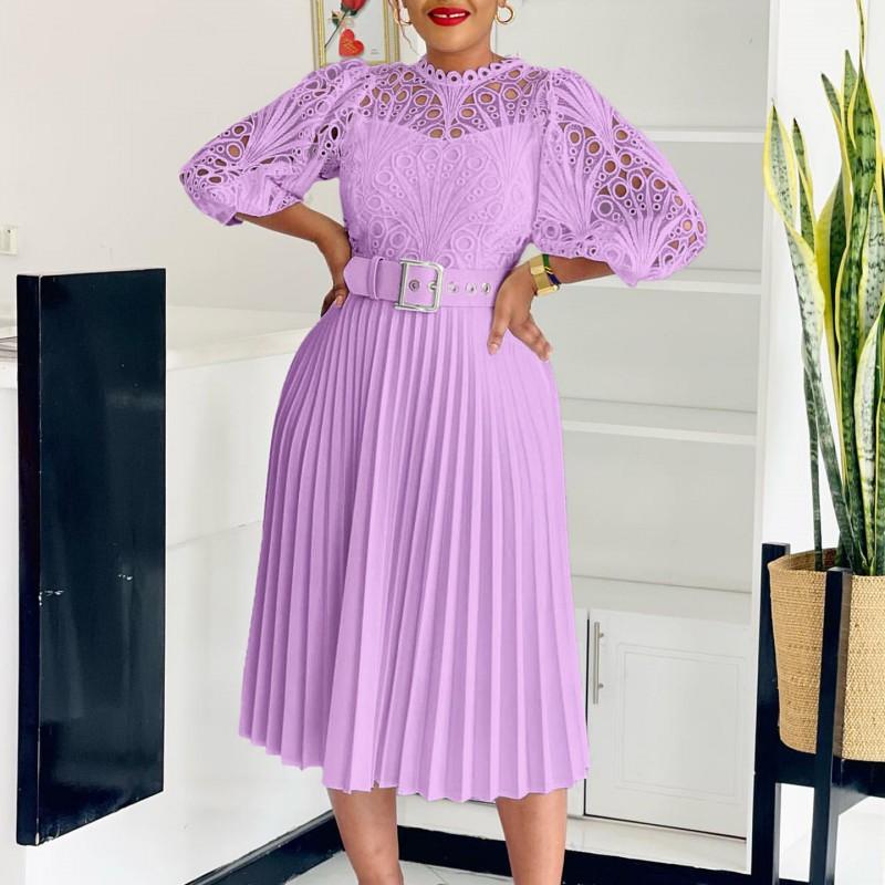 European American Women's Clothing New Style Temperament Solid Color Lace Hook Pattern Hollow Pleated Dress