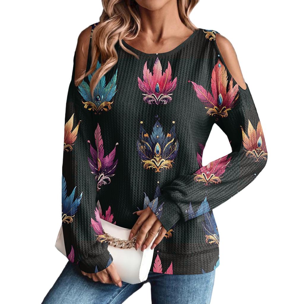 Women's Winter Oversized T-Shirt Fashionable Off-the-Shoulder Round Neck Vintage Floral Print Pullover Long-Sleeved Top