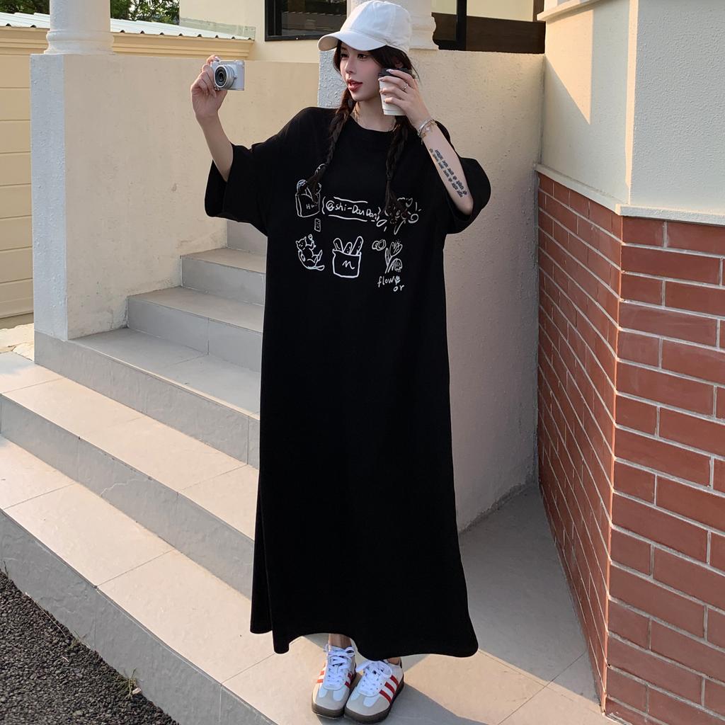 DIMANAF 2025 Plus Size Dress Women Summer Vintage Dress Basic Printing Long Loose Casual Black Dress Elegant