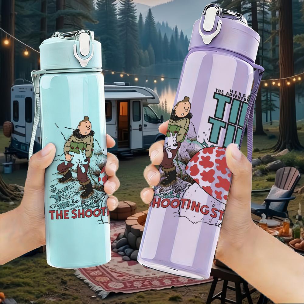 1PC Retro Street Band Collage Print 750ml colorful plastic sports water bottle leakproof pop up lid with straw for outdoor work home use