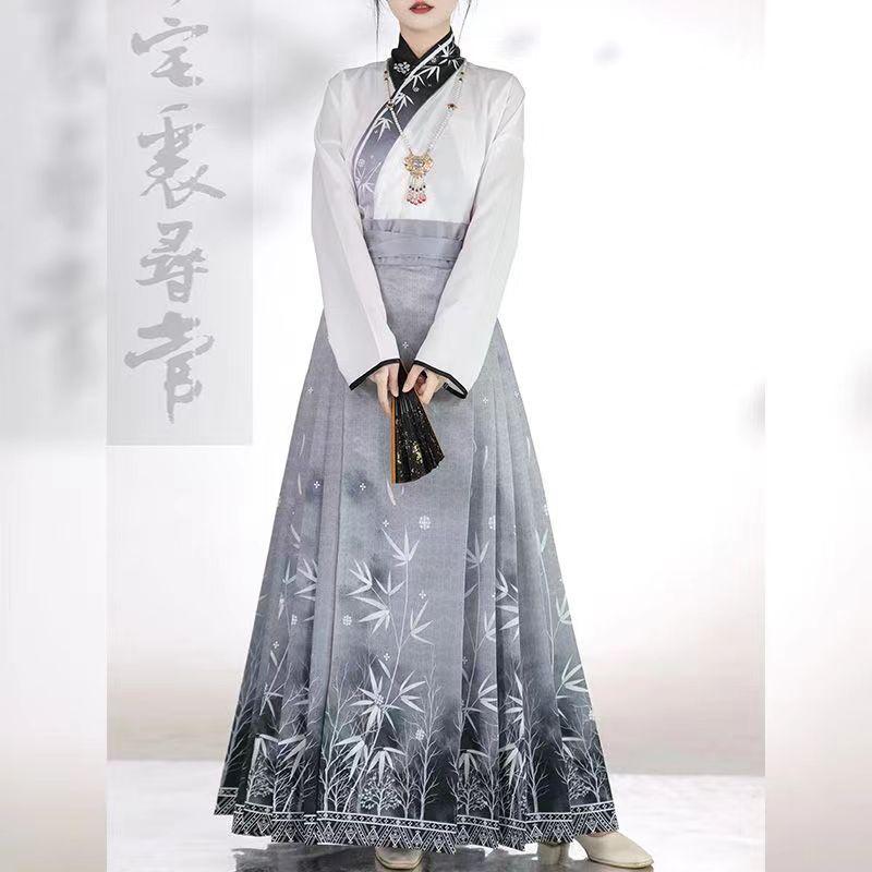 Spring Summer Prints Horse Face Skirt Modern Vintage Chinese Traditional Ming Style Hanfu Commuting Cool Female Dresses