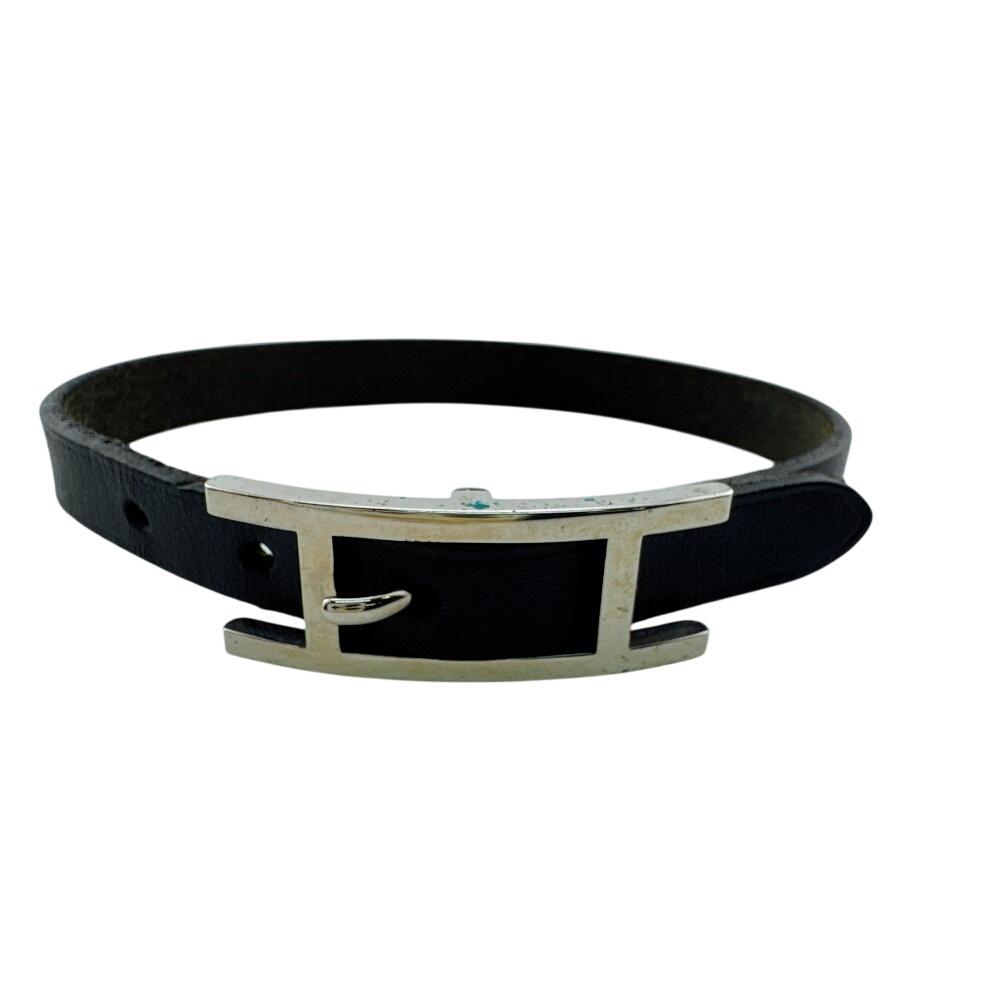 HERMES Bangle HMetal leather Bapi bracelet black leather Used