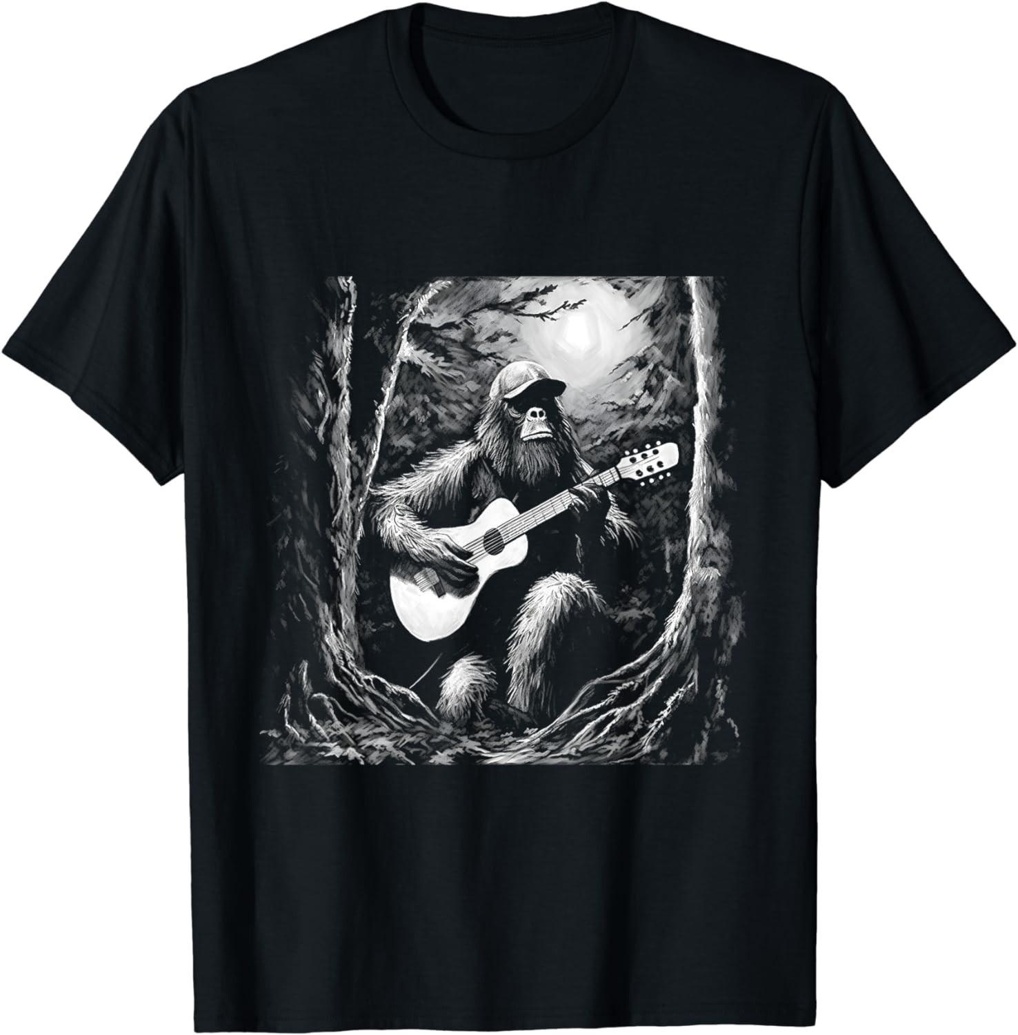 New Bigfoot Playing Acoustic Guitar Funny Sasquatch T-Shirt L