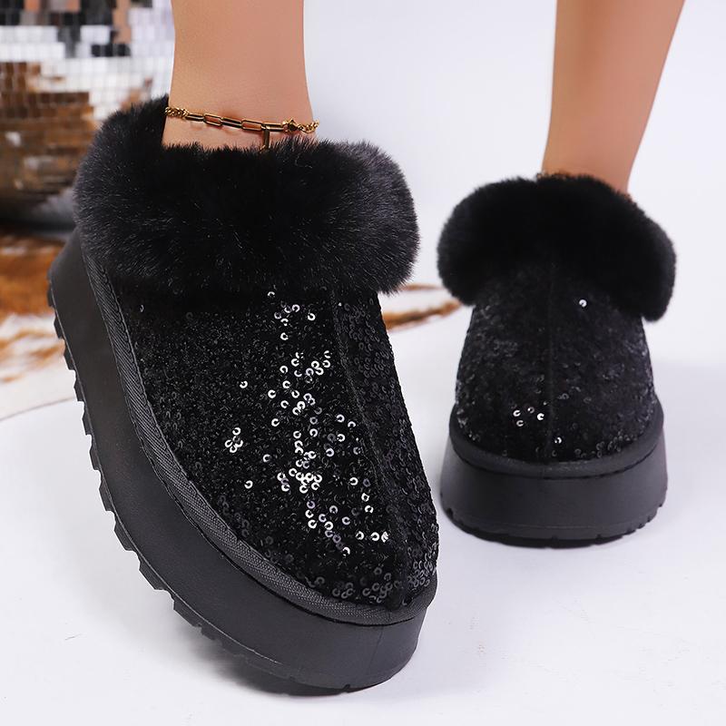 Fashion Shiny Sequins Fluffy Snow Boots for Women Winter Thick Sole Warm Plush Ankle Boots Woman Faux Fur Chunky Platform Booties Female
