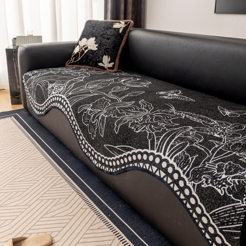 Copridivano Jacquard Chenille Floreale Spesso Orlo Curvo Unico Asciugamano Decorativo per Divano Universale per Soggiorno Fodera Mobili