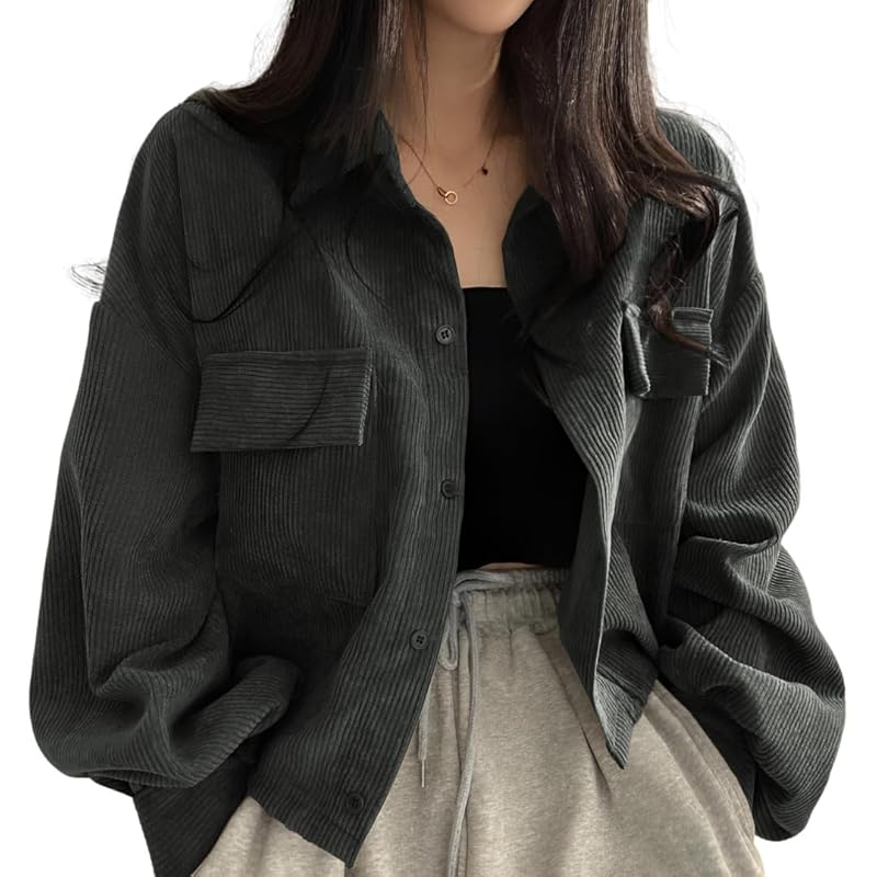 

[UQQA] corduroy shirt jacket ladies long sleeve spring loose fit Front opening long sleeve with pocket relax street Outing wear Looks expensive Adult