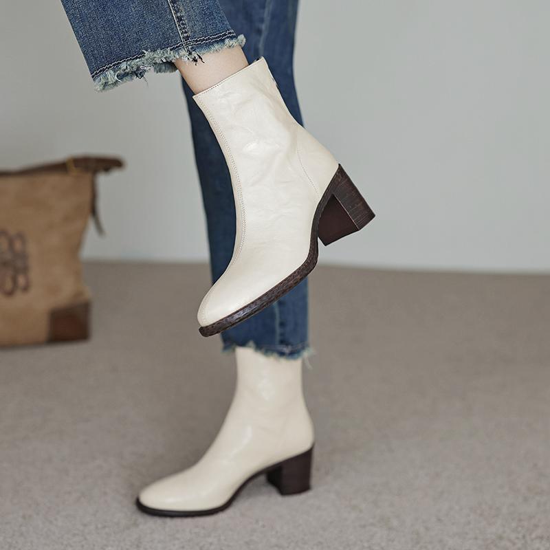 Krazing Pot Îmbrăcăminte de bază Piele de oaie Toamnă Iarnă Pantofi Tocuri groase Cizme Chelsea Vârf rotund Păstrează cald Botine cu fermoar